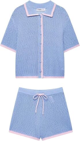 VCM Sweater Set Polo Shirts Short Sleeve Polo Sweater V Neck Knitted Tops High Waisted Lounge Shorts Vacation Outfits in Kuwait