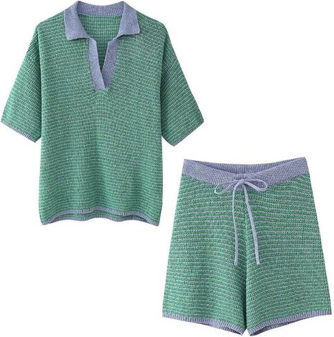 VCM Sweater Set Polo Shirts Short Sleeve Polo Sweater V Neck Knitted Tops High Waisted Lounge Shorts Vacation Outfits in Kuwait