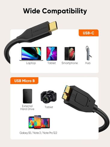 Cablecreation 1ft USB C إلى كبل Micro B ، 10 جيجابت في الثانية من محرك الأقراص الصلبة الخارجي 10 جيجابت في الثانية ، USB 3.1 من النوع C إلى Micro B من أجل iPhone 15،16 ، Seagate WD Westgate جواز السفر ، MacBook Pro/Air ، iPad/tablet ، Black in Saudi Arabia