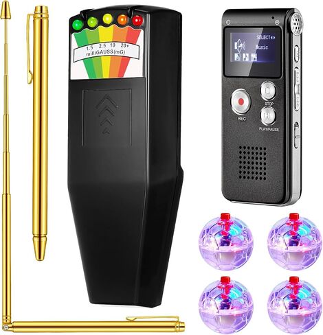تشمل مجموعة معدات صيد الأشباح 8 PCS 1 PCF Meter Digital 1 PCS مسجل صوتي 2 PCS قضيب النحاس النحاسي و 4 LED Motion Cat Ball Equipment Tester for Home Office in Saudi Arabia