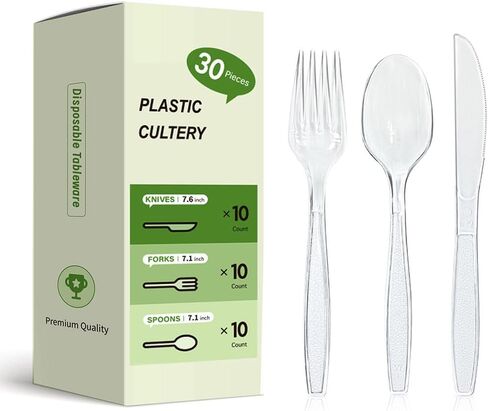Plastic Silverware Set, 30-Piece Disposable Plastic Utensils for Parties, Clear Cutlery, Plasticware Forks, Spoons, Knives in Saudi Arabia