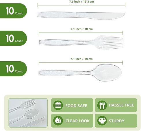 Plastic Silverware Set, 30-Piece Disposable Plastic Utensils for Parties, Clear Cutlery, Plasticware Forks, Spoons, Knives in Saudi Arabia