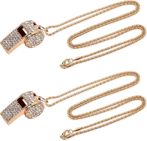 2pcs Bling Whistle Crystal Rhinestone Necklace, Metal Golden Bling Loud Crisp Sound Whistle with Chain Lanyard for Referee Coach Teacher Sports Training in Saudi Arabia