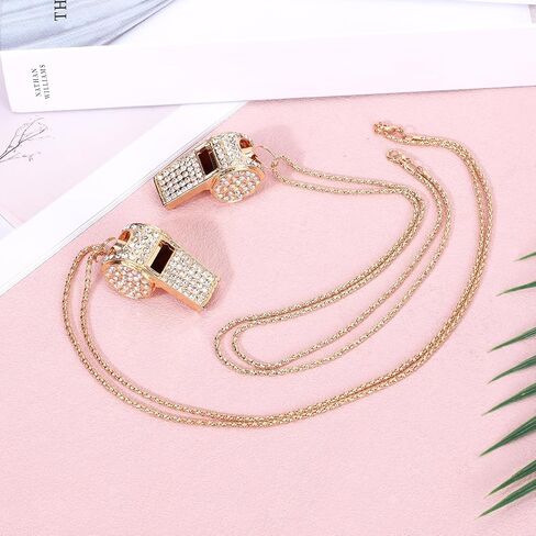 2pcs Bling Whistle Crystal Rhinestone Necklace, Metal Golden Bling Loud Crisp Sound Whistle with Chain Lanyard for Referee Coach Teacher Sports Training in Saudi Arabia