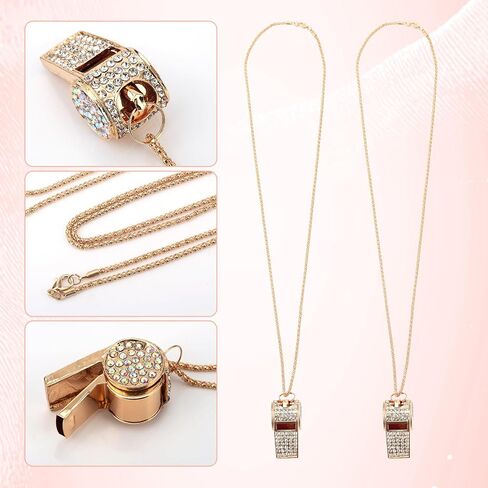 2pcs Bling Whistle Crystal Rhinestone Necklace, Metal Golden Bling Loud Crisp Sound Whistle with Chain Lanyard for Referee Coach Teacher Sports Training in Saudi Arabia