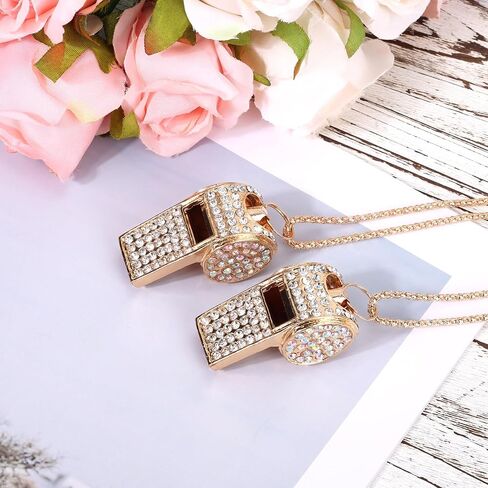 2pcs Bling Whistle Crystal Rhinestone Necklace, Metal Golden Bling Loud Crisp Sound Whistle with Chain Lanyard for Referee Coach Teacher Sports Training in Saudi Arabia