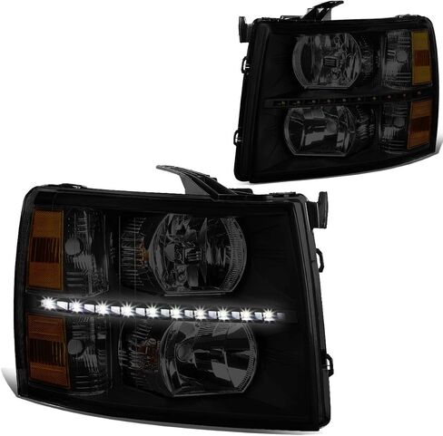 LED DNA Motoring Pair LED DRL المصابيح الأمامية متوافقة مع 07-13 Chevy Silverado 1500 07-14 Silverado 2500 3500 HD ، Black/Smoked/Clear ، CSIL07-BK-SM-Cl1 in Kuwait