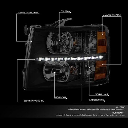 LED DNA Motoring Pair LED DRL المصابيح الأمامية متوافقة مع 07-13 Chevy Silverado 1500 07-14 Silverado 2500 3500 HD ، Black/Smoked/Clear ، CSIL07-BK-SM-Cl1 in Kuwait