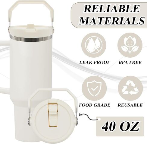 40 oz Leak Proof Handle Flip Straw Lid, Lid for Stanley 40 oz Quencher Tumbler, Leak Proof with Handle Flip Straw Lid Replacement, Leak-Proof (Cream) in Kuwait