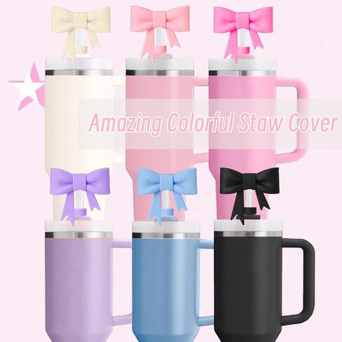 6Pcs Silicone Straw Toppers Covers for Stanley Cups 40/30oz 10mm(0.4in) Dust-Proof Bow Straw Covers Toppers Suitbale for Stanley Cup Accessories Reusable Straws Caps (Colorful F) in Kuwait