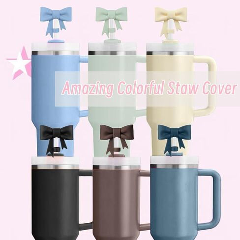 6Pcs Silicone Straw Toppers Covers for Stanley Cups 40/30oz 10mm(0.4in) Dust-Proof Bow Straw Covers Toppers Suitbale for Stanley Cup Accessories Reusable Straws Caps (Colorful F) in Kuwait