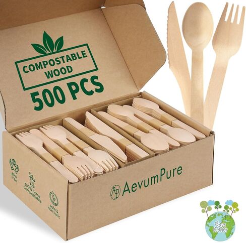 Compostable Wooden Utensils Set - 500 Pieces Disposable Wood Cutlery (200 Spoons, 200 Forks,100 Knives)-Bamboo Utensils And Plastic Silverware Alternative, Heavy Duty Utensils For Party in Saudi Arabia
