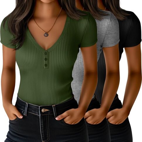 Huukeay 3 Pack Women's Henley T Shirts 95% Cotton Summer Deep V Neck Ribbed Short Sleeve Slim Fit Button Tops Casual Tee in Saudi Arabia