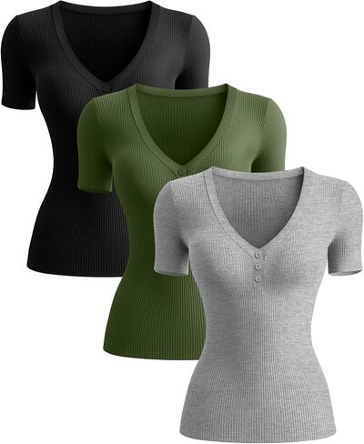 Huukeay 3 Pack Women's Henley T Shirts 95% Cotton Summer Deep V Neck Ribbed Short Sleeve Slim Fit Button Tops Casual Tee in Saudi Arabia