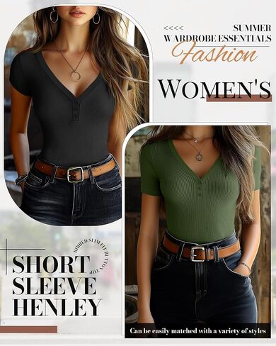 Huukeay 3 Pack Women's Henley T Shirts 95% Cotton Summer Deep V Neck Ribbed Short Sleeve Slim Fit Button Tops Casual Tee in Saudi Arabia