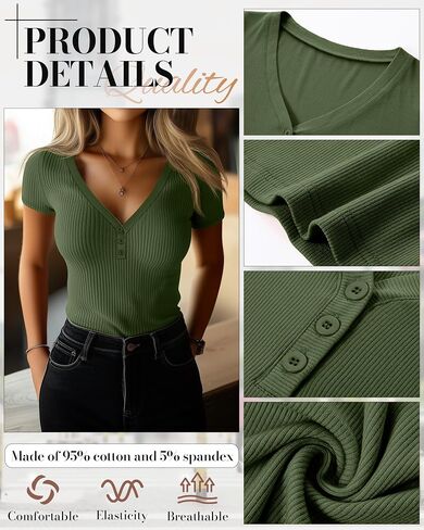 Huukeay 3 Pack Women's Henley T Shirts 95% Cotton Summer Deep V Neck Ribbed Short Sleeve Slim Fit Button Tops Casual Tee in Saudi Arabia