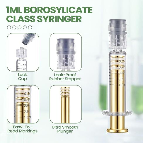 Nuanchu 20 Pcs 1ml Borosilicate Glass Syringes with Gold Metal Plunger, Luer Connector, Without Needle Accurate Measuring Tool for Thick Liquids, Glue, Ink, Pet in Saudi Arabia