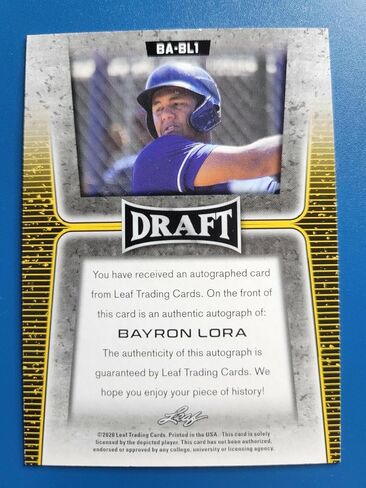 Bayron Lora 2020 Leaf Draft Rookie RC Auto #Babl1 Texas Rangers! - بطاقات البيسبول الموقعة MLB in Saudi Arabia