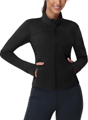 MIER Womens Workout Jackets Full Zip Up Cropped Slim Fit Lightweight Athletic Running Track Gym Tops, Thumb Holes & Pockets in Saudi Arabia