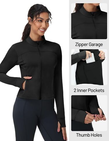 MIER Womens Workout Jackets Full Zip Up Cropped Slim Fit Lightweight Athletic Running Track Gym Tops, Thumb Holes & Pockets in Saudi Arabia