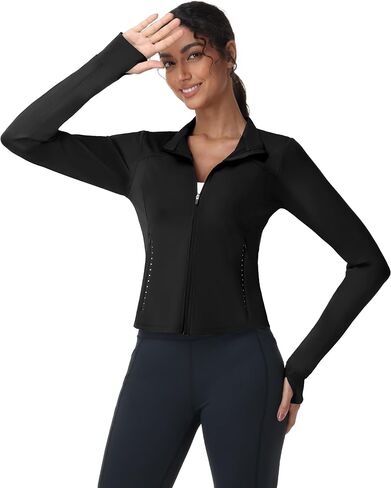 MIER Womens Workout Jackets Full Zip Up Cropped Slim Fit Lightweight Athletic Running Track Gym Tops, Thumb Holes & Pockets in Saudi Arabia