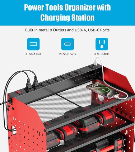 CCCEI Modular Power Tools Organizer with USB Charging Station, 4 Layer Drills and Battery Storage Wall Mount, Garage Shop Organization, Anniversary, Birthday, Gifts for Men, Father, 6FT Cord, Black. in Saudi Arabia
