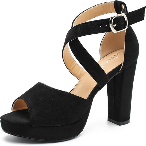 fereshte Women's High Heel Sandals Platform Block Chunky Heels Crisscross Ankle Strap Open Toe Comfortable Dress Shoes Brown Patent 46 - US 12 in Saudi Arabia
