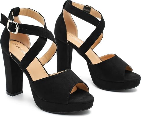 fereshte Women's High Heel Sandals Platform Block Chunky Heels Crisscross Ankle Strap Open Toe Comfortable Dress Shoes Brown Patent 46 - US 12 in Saudi Arabia