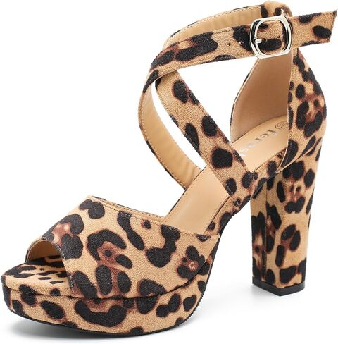 fereshte Women's High Heel Sandals Platform Block Chunky Heels Crisscross Ankle Strap Open Toe Comfortable Dress Shoes Brown Patent 46 - US 12 in Saudi Arabia