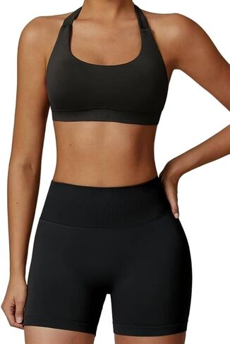 Workout Sets for Women 2 Piece Seamless Halter Sport Bra High Waist Shorts Exercise Gym Yoga Outfits in Saudi Arabia