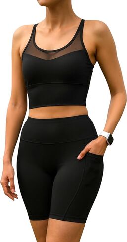 Women Buttery Soft 2-Piece Activewear Set-Criss Cross Mesh Sports Bra & High Waisted Biker Shorts with Pockets in Saudi Arabia