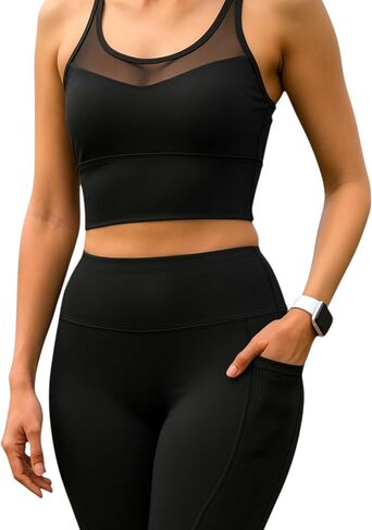 Women Buttery Soft 2-Piece Activewear Set-Criss Cross Mesh Sports Bra & High Waisted Biker Shorts with Pockets in Saudi Arabia