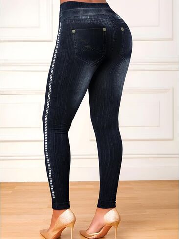 Side Polka dot Faux Benim Print Trousers High Waisted Workout Leggings for Women Tummy Control Soft Yoga Metamorph in Saudi Arabia
