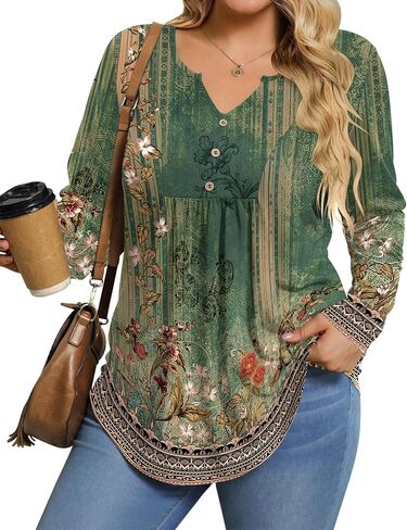 IN'VOLAND Plus Size Top for Womens Tunic Tops Long Sleeve Floral T-Shirts V-Neck Fall Dressy Blouse Casual Tops Green 3X in Saudi Arabia