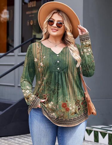 IN'VOLAND Plus Size Top for Womens Tunic Tops Long Sleeve Floral T-Shirts V-Neck Fall Dressy Blouse Casual Tops Green 3X in Saudi Arabia