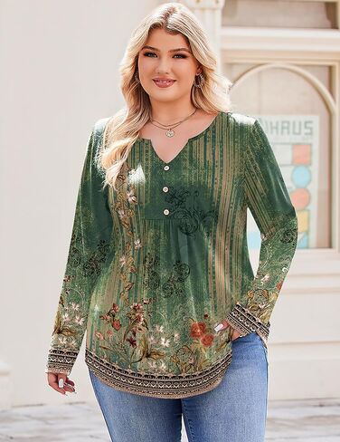 IN'VOLAND Plus Size Top for Womens Tunic Tops Long Sleeve Floral T-Shirts V-Neck Fall Dressy Blouse Casual Tops Green 3X in Saudi Arabia