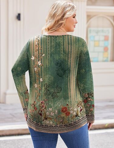 IN'VOLAND Plus Size Top for Womens Tunic Tops Long Sleeve Floral T-Shirts V-Neck Fall Dressy Blouse Casual Tops Green 3X in Saudi Arabia