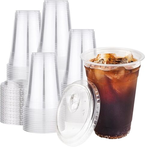 100 pack 16 oz Clear Plastic Cups with Lids, Disposable Iced Coffee Cups with Strawless Sip Lids, Drink Cup for Cold Drinks, Iced Coffee in Saudi Arabia