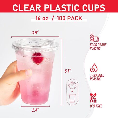100 pack 16 oz Clear Plastic Cups with Lids, Disposable Iced Coffee Cups with Strawless Sip Lids, Drink Cup for Cold Drinks, Iced Coffee in Saudi Arabia