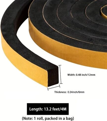 4-Meter Self-Adhesive Sponge Weather Stripping (12mm W x 6mm T) - Black Draft Stopper for Doors & Windows - Reduces Noise, Dust & Air Leaks - Soft Foam Seal for Home & Office in Saudi Arabia