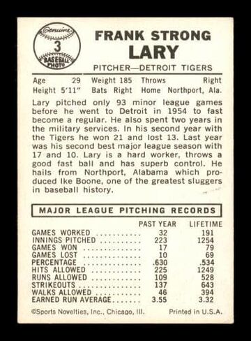 Frank Lary Autographed 1960 Leaf Card #3 Detroit Tigers SKU #198800 - MLB Autographed Baseball Cards in Saudi Arabia