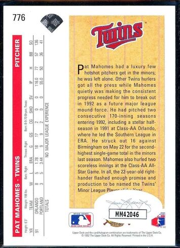 بطاقة Pat Mahomes 1992 Upper Deck #776 توقيع COA JSA - بطاقات البيسبول الموقعة MLB in Saudi Arabia