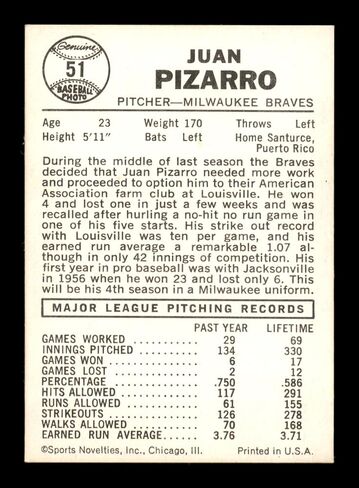 خوان Pizarro تم توقيعه 1960 بطاقة أوراق #51 Milwaukee Braves Sku #198794 - MLB Motograped Cardsball Cards in Saudi Arabia