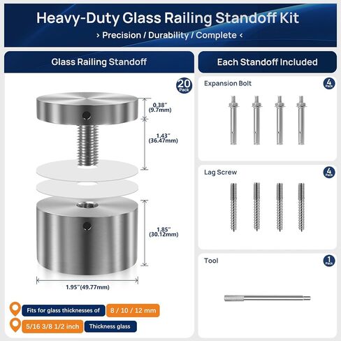 12 Pack 2"x2" SS316 Glass Railing Standoff Solid 1.3 lbs Brushed Glass Standoffs Mounts Standoff Nail for Balcony Stair Railing Balustrade in Kuwait