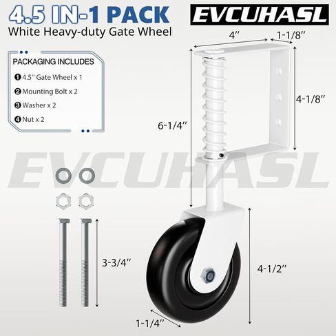 4.3" Spring Loaded Gate Caster Wheel with Bearing, Heavy Duty Gate Wheels with 360° Swivel for Outdoor Wooden Gates, Fence Gates and Metal Tube Gate, 220 Lbs Capacity, White, 1 Pack in Kuwait