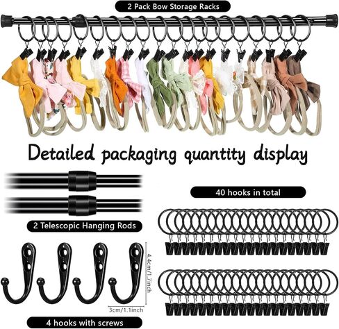 Ferraycle Wall Hanging Bow Holder with Hooks Hair Bow Holder Organizer for Girls Hanger Headband Storage Organizer Include Metal 16 to 23.6 Inch Rods Wall Hooks(White,46 Pcs) in Saudi Arabia