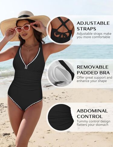 Womens One Piece Swimsuits Tummy Control Bathing Suits Shell Stitched Color Block Push Up Slimming Swimwear in Kuwait
