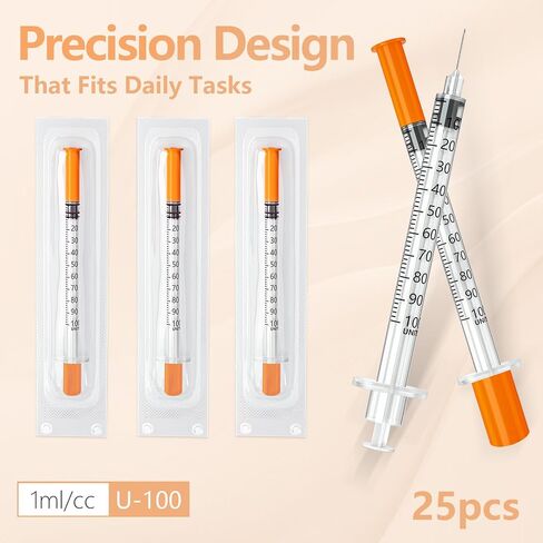 Insulin Syringes with Needle, U-100 31G 1ml/cc 1/4 Inch (6mm) Disposable Syringe, Individual Wrapped, Pack of 25 in Saudi Arabia