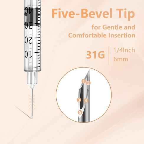 Insulin Syringes with Needle, U-100 31G 1ml/cc 1/4 Inch (6mm) Disposable Syringe, Individual Wrapped, Pack of 25 in Saudi Arabia