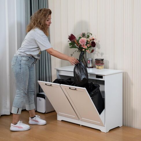 Jaxpety Tilt Out Trash Cabinet Kitchen Trash Can Holder Wood Laundry Graining Trash Cabinet مع باب قابل للتعديل زاوية ، أبيض (باب واحد) in Saudi Arabia